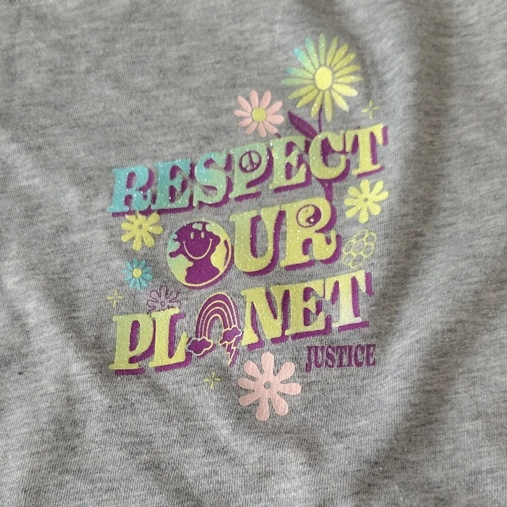 Justice Girls Gray Respect Our Planet Graphic T-Shirt Glitter Earth Day Size‎ L